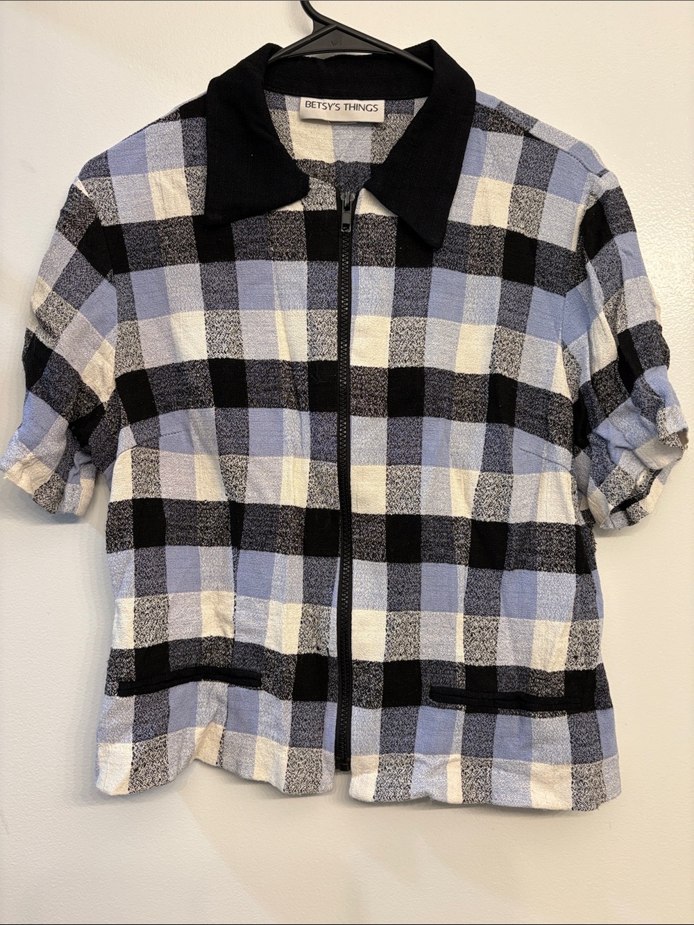 VINTAGE! Women's Blue & Black Plaid Short-Sleeve Blazer